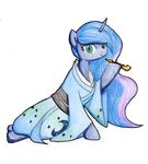  2014 blue_eyes blue_hair clothing conbudou equine female friendship_is_magic fur hair horn horse mammal my_little_pony plain_background princess_luna_(mlp) smile solo traditional_media_(artwork) winged_unicorn wings 