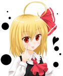  :p ahoge black_dress blonde_hair bow commentary_request dress hair_between_eyes hair_bow heart long_sleeves red_bow red_eyes rumia short_hair simple_background solo tongue tongue_out touhou white_background yamato_tachibana 