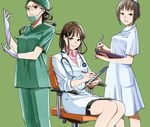  breasts brown_eyes brown_hair chair clipboard doctor glasses gloves green_background hat hayakawa_pao long_hair looking_at_viewer mask medium_breasts multiple_girls nurse nurse_cap original pen short_hair simple_background sitting skirt smile stethoscope surgeon surgical_mask 