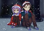  1girl acidear bad_id bad_pixiv_id brown_hair hat kyon nagato_yuki nagato_yuki-chan_no_shoushitsu pantyhose purple_hair santa_costume santa_hat school_uniform short_hair snow suzumiya_haruhi_no_shoushitsu suzumiya_haruhi_no_yuuutsu yellow_eyes 