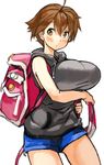  ahoge backpack bag blush breast_hold breasts brown_eyes brown_hair cowboy_shot denim denim_shorts hood hoodie large_breasts perky_breasts sachito short_hair shorts simple_background sleeveless sleeveless_hoodie solo umihara_kawase umihara_kawase_(character) white_background 