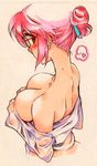  areola_slip areolae bare_shoulders blush breasts cleavage ear_blush from_above from_behind glasses heart kusanagi_tonbo large_breasts looking_at_viewer looking_back marker_(medium) nape original pink_hair short_hair solo traditional_media 