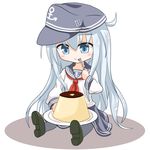  anchor_symbol black_skirt blue_eyes chibi closed_mouth commentary_request flat_cap food hair_between_eyes hat hibiki_(kantai_collection) highres kantai_collection long_hair long_sleeves neckerchief pantyhose pleated_skirt pudding school_uniform serafuku silver_hair simple_background sitting skirt smile solo spoon spoon_in_mouth white_background yamato_tachibana 