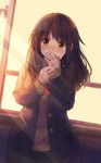  blush brown_hair commentary_request covering_mouth full-face_blush jacket light_rays long_hair looking_at_viewer niichi_(komorebi-palette) open_clothes open_jacket original pleated_skirt school_uniform skirt solo sunbeam sunlight sunset tears window 