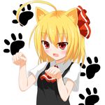  ahoge animal_ears black_dress blonde_hair bow cat_ears commentary_request dress hair_between_eyes hair_bow kemonomimi_mode paw_pose paw_print red_bow red_eyes rumia short_hair short_sleeves simple_background solo touhou white_background yamato_tachibana 