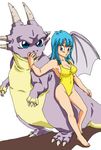  1girl 90s artist_request barefoot blue_hair breasts dragon dragon_ball dragonball_z female highres horns large_breasts maron_(dragon_ball) monster smile solo swimsuit wings 