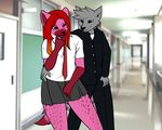  2015 anthro canine clothing commodore crossdressing digital_media_(artwork) duo fur hair hi_res hyena male male/male mammal russy_(artist) schoolgirl skirt smile wolf wrathykins 