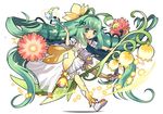  :d absurdly_long_hair ahoge alraune_(p&amp;d) blush detached_sleeves dress flower full_body green_eyes green_hair green_ribbon hair_ribbon holding lily_of_the_valley long_hair official_art open_mouth plant_girl puzzle_&amp;_dragons ribbon short_sleeves simple_background smile solo suzuki_kaori thighhighs very_long_hair wand white_background yellow_legwear 