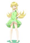  :d bad_id bad_pixiv_id bandaid bandaid_on_pussy barefoot blonde_hair dress fang frilled_dress frills green_dress hand_on_own_chest long_hair monogatari_(series) open_mouth oshino_shinobu pointy_ears polka_dot polka_dot_dress smile solo tsukimonogatari v-shaped_eyebrows yamae_saki yellow_eyes 