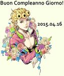  blonde_hair bouquet chounorin dated flower giorno_giovanna happy_birthday highres jojo_no_kimyou_na_bouken male_focus red_eyes solo 