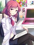  black_legwear chair clipboard computer crossed_legs doctor kalian laptop love_live! love_live!_school_idol_project miniskirt navel nishikino_maki pantyhose paper red_eyes red_hair sitting skirt solo 