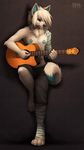  2013 anthro blue_fur canine clothed clothing digital_media_(artwork) falvie fur guitar hair half-dressed male mammal markings musical_instrument pawprint shadow shorts solo stripes tattoo topless tuft white_fur white_hair 