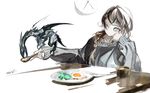  bowl cloak dragon food fork fried_egg grey_eyes original plate ponytail spoon table tokiya 