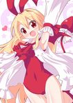  :d armpits arms_up blonde_hair blush bow demon_tail detached_sleeves disgaea flonne flonne_(fallen_angel) hair_bow happy heart heart_in_mouth high_heels kagerou_(kers) leotard long_hair makai_senki_disgaea open_mouth red_bow red_eyes red_footwear red_leotard shoes smile solo tail tail_bow 