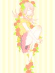  barefoot closed_eyes fetal_position flower flower_skirt hirose_yasuho jojo_no_kimyou_na_bouken jojolion pink_hair plantar_flexion shakata_(ozi3) solo striped striped_background sweater 