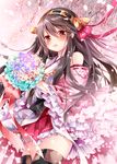  black_hair bouquet brown_eyes flower hairband haruna_(kantai_collection) japanese_clothes kantai_collection long_hair nogi_takayoshi nontraditional_miko smile solo 