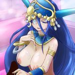  bangle blue_eyes blue_hair bracelet breasts crescent_moon cum cum_on_body cum_on_breasts cum_on_upper_body egyptian facial horns ichigoya_(mazikayu) inverted_nipples jewelry large_breasts long_hair moon necklace nipples nut_(p&amp;d) open_mouth puzzle_&amp;_dragons smile solo topless very_long_hair 
