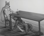  2015 abs all_fours animal_genitalia anthro bottle butt canine canine_penis chair claws cum cum_in_mouth cum_inside dog duo erection fur hair looking_down male male/male mammal monochrome necklace nude pawpads paws penis rukis saliva sitting table 