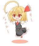  ahoge black_dress blonde_hair bow chibi commentary_request dress fang hair_between_eyes hair_bow open_mouth red_bow red_eyes rumia short_hair short_sleeves simple_background solo touhou white_background yamato_tachibana 