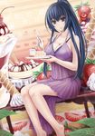  alternate_costume banana_split bare_legs barefoot black_hair bra breasts cake cleavage dress food fruit fruit_background highres honda_futayo kyoukaisenjou_no_horizon large_breasts long_hair looking_at_viewer panties plate ponytail purple_dress purple_eyes see-through side-tie_panties slice_of_cake smile solo spoon strawberry strawberry_shortcake sunimu underwear very_long_hair 