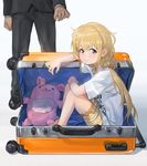  1girl blonde_hair brown_eyes clothes_writing formal futaba_anzu idolmaster idolmaster_cinderella_girls low_twintails mossi producer_(idolmaster_cinderella_girls_anime) shirt stuffed_animal stuffed_bunny stuffed_toy suit suitcase t-shirt twintails you_work_you_lose 