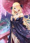  alternate_costume blonde_hair breasts bridge cherry_blossoms cleavage floral_print garden hair_ornament hair_over_one_eye highres japanese_clothes kimono large_breasts long_hair looking_at_viewer oriental_umbrella petals pokemon pokemon_(game) pokemon_dppt shirona_(pokemon) smile solo sunimu umbrella very_long_hair water yellow_eyes 