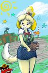  angry animal_crossing anthro bell breasts building canine clipboard clothed clothing cute dog duo female helmet isabelle_(animal_crossing) male mammal mole nintendo ribbons simple_background skirt smile sonny_resetti star sun tgwonder video_games 