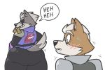  big_butt blush butt clothed clothing colelucario drooling duo fox_mccloud laugh male nintendo saliva standing star_fox stare sweat sweatdrop teeth video_games wolf_o&#039;donnell 