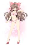  alternate_costume bow bra breasts brown_eyes brown_hair cleavage cosplay hair_bow hair_tubes hakurei_reimu high_heels highres kamiya_tomoe large_breasts long_hair navel open_mouth panties pink_bra pink_panties smile solo touhou underwear underwear_only very_long_hair 