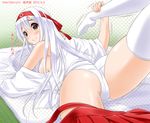  2015 ass breasts brown_eyes crotch dated from_behind hairband japanese_clothes kantai_collection leg_grab leg_hold long_hair looking_at_viewer looking_back medium_breasts neko_danshaku off_shoulder panties pleated_skirt shoukaku_(kantai_collection) sideboob skirt skirt_around_one_leg smile solo stretch thighhighs twitter_username underwear white_hair white_legwear white_panties 