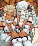  2girls aqua_eyes bad_id bad_pixiv_id breasts cleavage dark_skin flat_chest grin horns hoshitetsu_ringo japanese_clothes large_breasts long_hair looking_at_viewer multiple_girls new_year nontraditional_miko original red_eyes sheep_girl sheep_horns short_hair shy smile tareme wavy_hair white_hair 