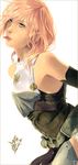  1girl armor armpits asymmetrical_hair breastplate final_fantasy final_fantasy_xiii final_fantasy_xiii-2 lightning_farron looking_at_viewer olean petals pink_hair pteruges side_part sleeveless solo 