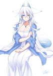  animal_ears bloom blue_eyes breasts cleavage dragon_horns dragon_tail dress fox_ears heterochromia horns konshin large_breasts long_hair looking_at_viewer orange_eyes orie_hakua pixiv_fantasia pixiv_fantasia_new_world robe sitting sleeves_pushed_up smile solo tail very_long_hair white_background white_dress white_hair 