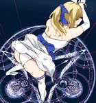  ahoge artoria_pendragon_(all) ass bdsm blonde_hair blue_bow blush bondage bound bound_wrists bow closed_eyes den_(kur0_yuki) dress dress_lift elbow_gloves fate/stay_night fate_(series) from_above gloves hair_bow high_heels lace lace-trimmed_thighhighs magic magic_circle panties ponytail saber solo spread_legs strapless strapless_dress thighhighs underwear white_gloves white_legwear 