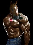  2009 abs anthro big_muscles bite bodybuilder brown_eyes brown_fur equine flower fur horse jeans mammal muscles pecs plant ripped_saurian rose 