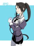  black_hair brown_eyes crossed_arms cup gloves holding holding_cup ikeshita_moyuko kantai_collection light_smile long_hair looking_at_viewer nachi_(kantai_collection) pantyhose ponytail side_ponytail solo uniform very_long_hair 
