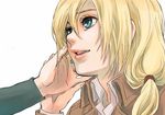  blonde_hair blue_eyes christa_renz face ganyapin hair_between_eyes hand_on_another's_cheek hand_on_another's_face looking_up low_ponytail parted_lips shingeki_no_kyojin short_hair touching white_background 