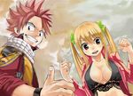  1boy 1girl blonde_hair breasts cleavage cloud fairy_tail highres looking_at_viewer lucy_heartfilia mashima_hiro natsu_dragneel official_art open_jacket pink_hair scarf smile spiked_hair twintails wristband 
