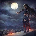  album_cover asymmetrical_clothes bad_id bad_pixiv_id black_hair black_legwear boots city_lights cityscape cloud cover full_moon high_heel_boots high_heels ibuki_notsu long_hair long_sleeves moon night original red_eyes red_string shirt skirt skirt_set sky solo star_(sky) starry_sky string thighhighs tokyo_tower very_long_hair wind zettai_ryouiki 