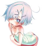  absurdres ass blue_eyes blush freckles hair_ornament hair_over_one_eye hairclip highres huge_filesize looking_at_viewer open_mouth original sakuya_tsuitachi shirt_tug short_hair silver_hair solo strap_slip sweat transparent_background wavy_mouth 