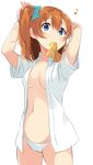  adjusting_hair blue_eyes bow breasts cowboy_shot eighth_note groin hair_ribbon kousaka_honoka love_live! love_live!_school_idol_project mouth_hold musical_note naked_shirt navel no_bra one_side_up orange_hair panties ribbon shirt short_hair simple_background small_breasts smile solo spoken_musical_note totoki86 underwear white_background white_panties 