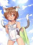  animal_ears blue_sky brown_hair cat_ears chen cloud couch day ear_piercing fang ibaraki_natou jewelry multiple_tails nekomata one-piece_swimsuit one_eye_closed open_mouth outdoors piercing red_eyes school_swimsuit single_earring sky solo strap_slip swimsuit tail tan tanline touhou towel wet white_school_swimsuit white_swimsuit 