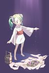  barefoot bucket dress dripping flower full_body green_eyes green_hair hair_bobbles hair_ornament japanese_clothes kimono kisume long_sleeves looking_down outstretched_arm ribbon sash solo touhou twintails watering white_dress wide_sleeves wooden_bucket yamamomo_(plank) yukata 