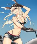  animal_ears bikini_top blonde_hair blue_eyes denim denim_shorts gloves goggles goggles_on_head ground_vehicle hanna-justina_marseille long_hair motor_vehicle motorcycle mrmarchhare navel short_shorts shorts smile solo strike_witches world_witches_series 