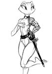  amphibian anthro beatriz_overseer belt choker cyborg female flat_chested frog guoh nude raised_leg smile solo sword weapon 
