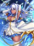  a-na andromeda_(p&amp;d) armpits arms_behind_head blue_eyes blue_hair breasts chain cleavage cleavage_cutout dark_skin dragon dress highres large_breasts long_hair puzzle_&amp;_dragons solo thighhighs 