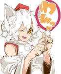  animal_ears detached_sleeves hat heart inubashiri_momiji japanese_clothes long_sleeves looking_at_viewer one_eye_closed open_mouth paw_pose pom_pom_(clothes) reiga_(act000) shirt short_hair simple_background smile solo string text_focus tokin_hat touhou upper_body white_background white_hair wide_sleeves wolf_ears yellow_eyes 