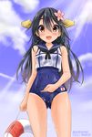  2015 black_hair blue_sky blush brown_eyes cloud collarbone cosplay covered_navel cowboy_shot crop_top dated day dripping flower hair_flower hair_ornament hairclip haruna_(kantai_collection) highres holding kantai_collection lifebuoy long_hair looking_at_viewer neko_danshaku one-piece_swimsuit open_mouth ro-500_(kantai_collection) ro-500_(kantai_collection)_(cosplay) sailor_collar school_swimsuit school_swimsuit_flap school_uniform serafuku sky smile solo sparkle sunlight swimsuit swimsuit_under_clothes tan tanline twitter_username wet 