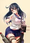 black_hair blush bra breasts brown_eyes floral_print gen_(black_factory) highres holding kantai_collection large_breasts long_hair midriff open_mouth pleated_skirt school_uniform see-through serafuku skirt solo thigh_strap thighs underwear ushio_(kantai_collection) 