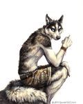  2015 anthro black_fur blue_eyes bracelet canine cigarette claws clothed clothing dog fur half-dressed husky jewelry kenket looking_back male mammal plain_background rock shorts sitting solo topless underwear white_background white_fur 